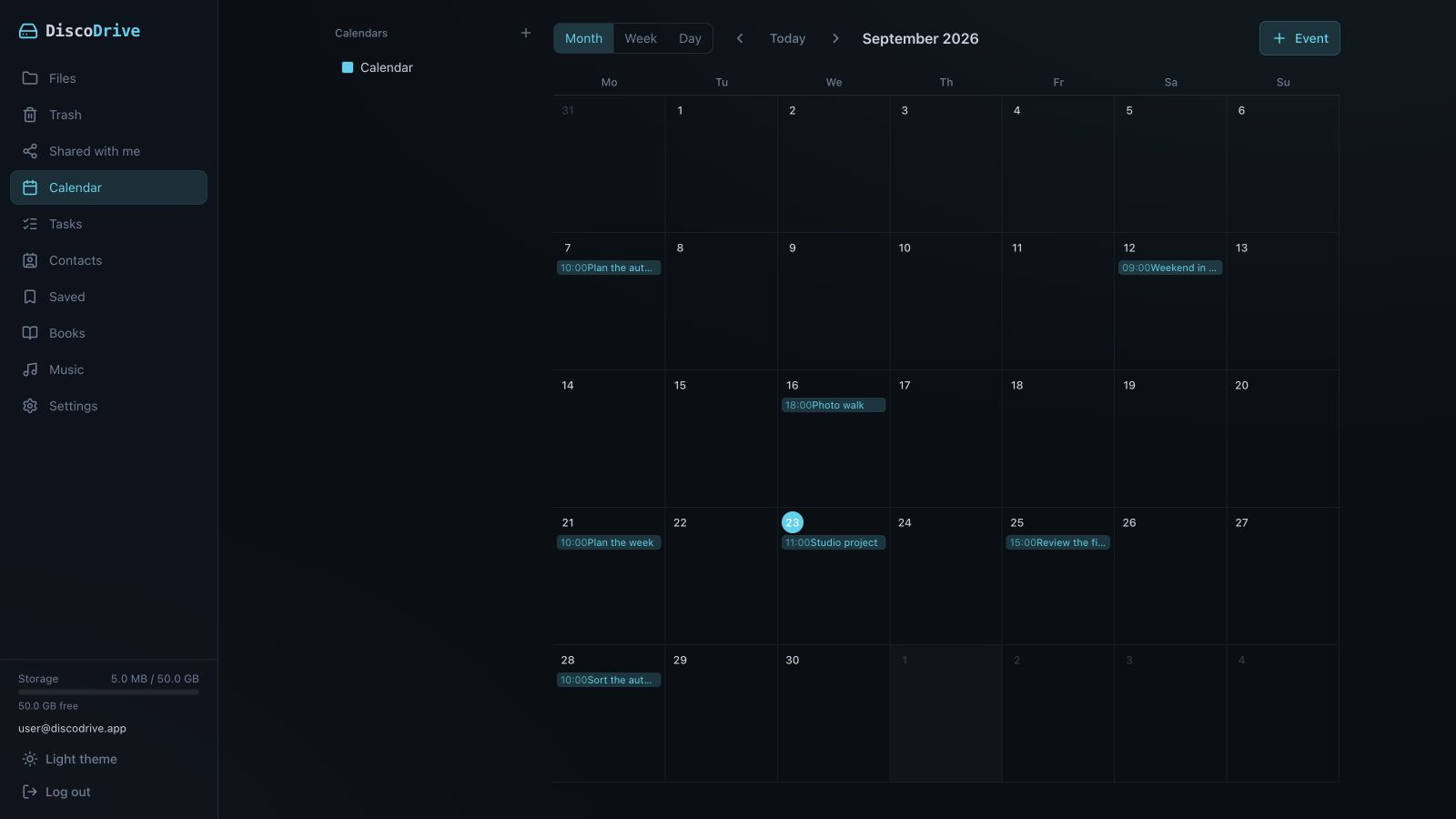 A month view of the calendar in the DiscoDrive web interface, with several events.