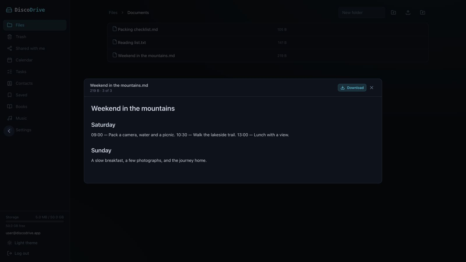 A Markdown document open for preview over the file list, with a download button in the corner of the preview.