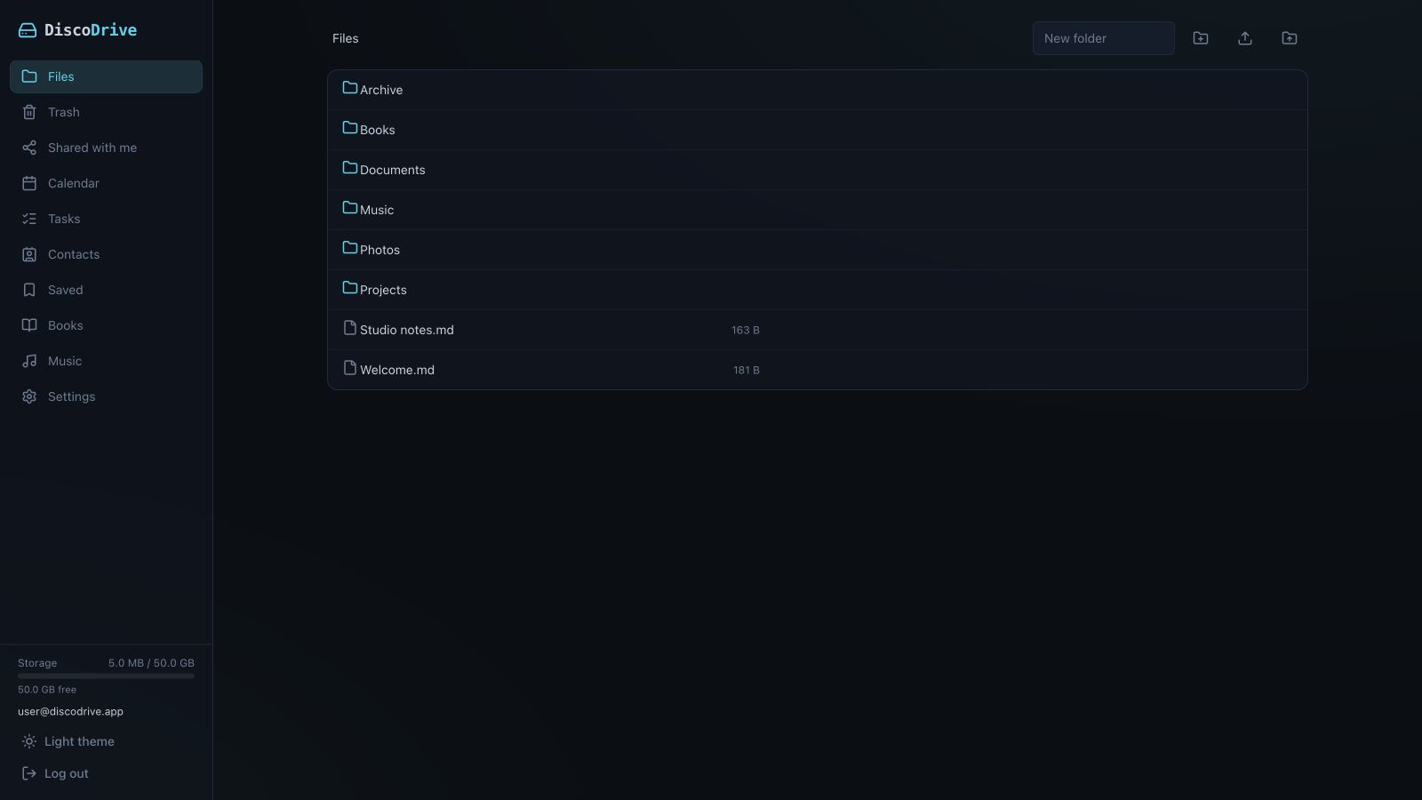 The Files section of the DiscoDrive web interface: the section menu on the left, the list of folders and files on the right.