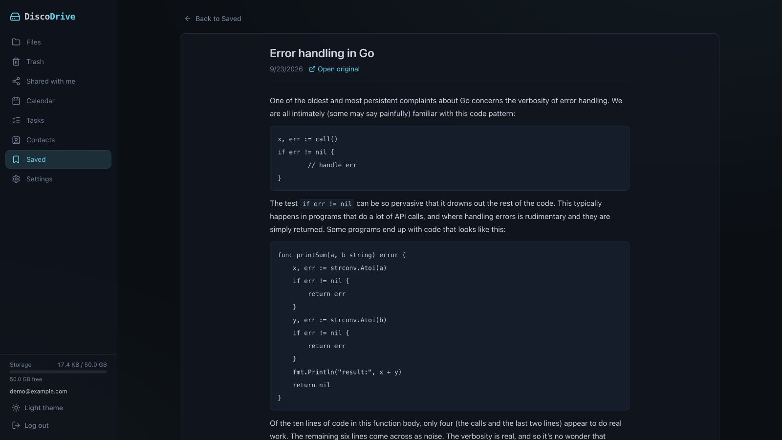 A saved article open for reading in the DiscoDrive web interface: title, date, a link to the original and text with code samples.